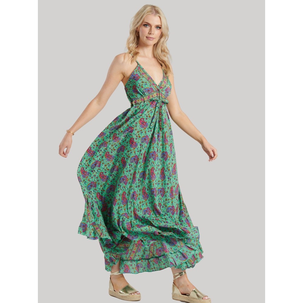 Rhea Flowy Boho Teal Floral Maxi Dress Sz XS-L One Size Open‎ Back